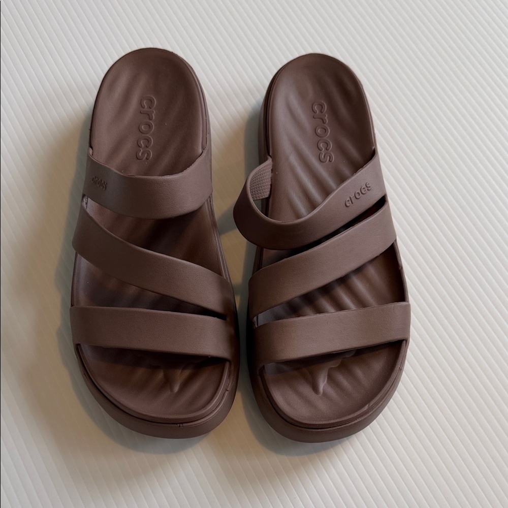CROCS Triple-Strap Slide Sandals in Brown